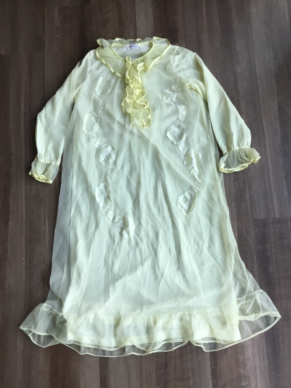 Vintage Tiennu Butter Yellow Floral Chiffon Smocked Ruffle Nightgown